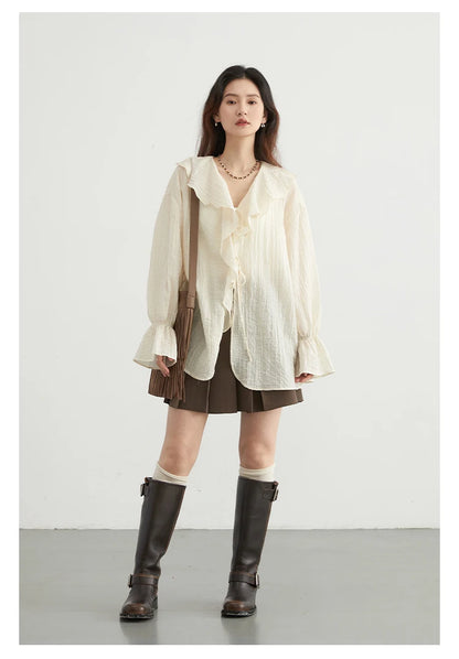CHIC VEN Women Shirt Loose Casual Ruffled Edges Female Blouses V Neck Lace Up Mid Length Woman Shirts Spring Summer 2024 - Smarsty