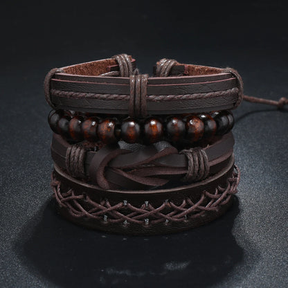 Vintage Leather Men Bracelet Woven Brown Wood Beads - Smarsty