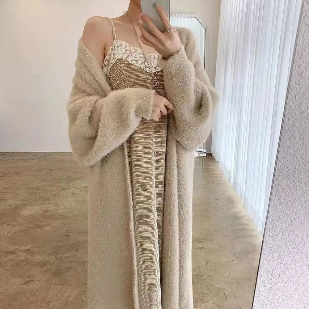 white Long Cardigan for women 2025 new winter clothes Knitted fluffy long sleeve Cashmere sweater coat korean style warm vintage - Smarsty