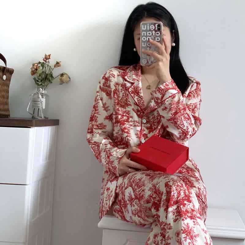 Fashion Print Flower 2PCS Pajamas Set Women Sleepwear Spring Summer Trouser Suits Lounge Wear Loose Satin Homewear Pijamas Suit - Smarsty