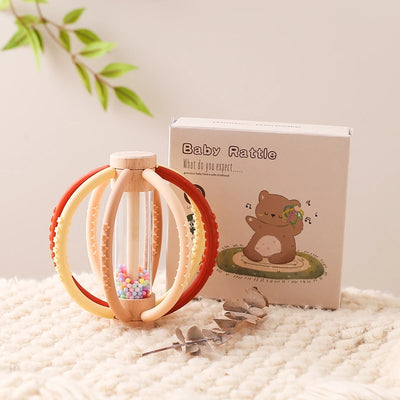 Baby Rattle Toy Wooden Rain Drum With Silicone Baby Sensory Touch Toy Newborn Dental Care Gum Anti-eating Hand Molar Stick Gif by Smarsty
