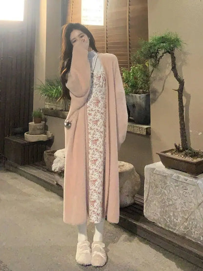 white Long Cardigan for women 2025 new winter clothes Knitted fluffy long sleeve Cashmere sweater coat korean style warm vintage - Smarsty