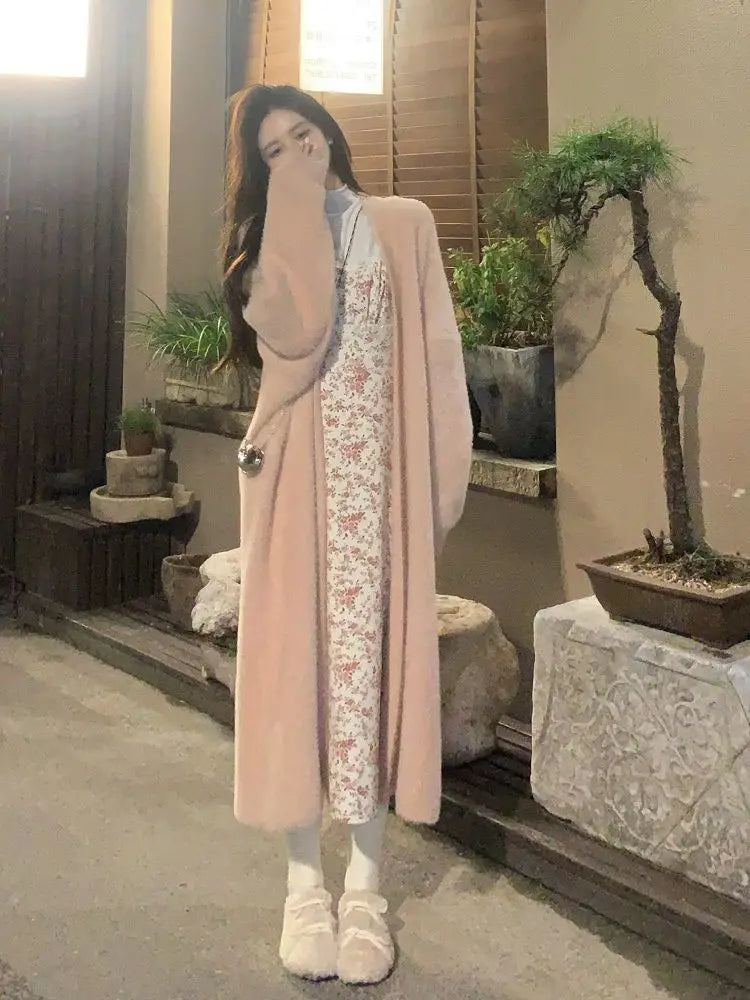 white Long Cardigan for women 2025 new winter clothes Knitted fluffy long sleeve Cashmere sweater coat korean style warm vintage - Smarsty