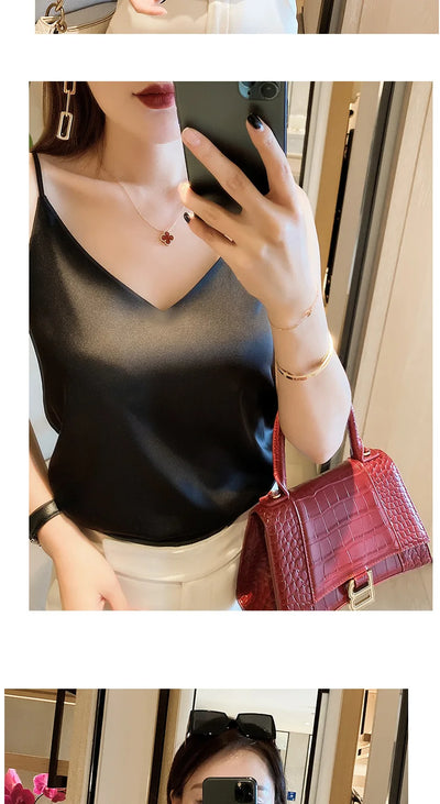 2024 Summer Camisole Slim Vest Sexy Women Sleeveless V-Neck Gray Tee Tank Tops Female Solid Black/White Korean Crop Tops Y2k - Smarsty