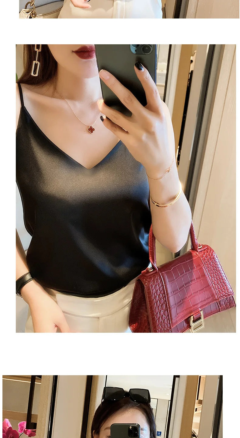 2024 Summer Camisole Slim Vest Sexy Women Sleeveless V-Neck Gray Tee Tank Tops Female Solid Black/White Korean Crop Tops Y2k