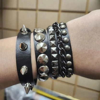 Black Goth Leather Bracelets Set with Rivet Spikes - Smarsty