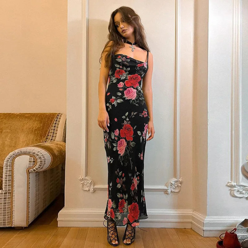 Flowers Print Spaghetti Strap Dresses Women Temperament Package Hip Bodycon Long Dress Fashion Sexy Backless Lady Slim Vestidos