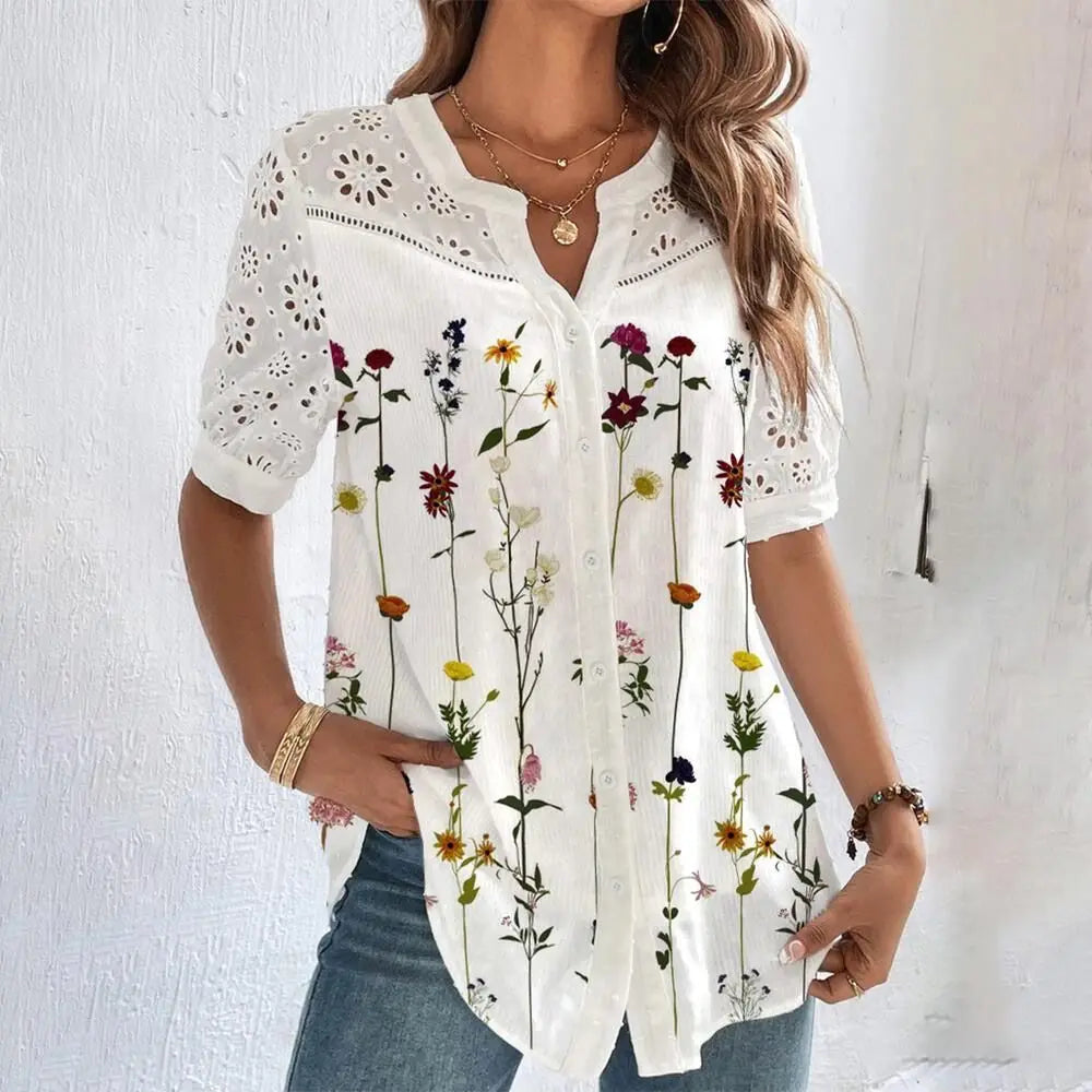 Temperament Casual Lace Woman Shirt Fashion Loose Shirt Woman Elegant Short Sleeve Blouse Holiday Weekend - Smarsty