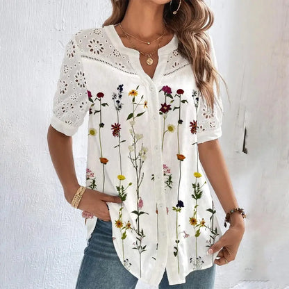 Temperament Casual Lace Woman Shirt Fashion Loose Shirt Woman Elegant Short Sleeve Blouse Holiday Weekend - Smarsty