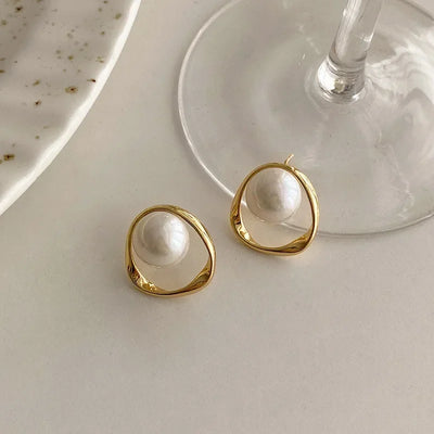 Gold Pearl Stud Earrings Korean Irregular Delicate 2023 - Smarsty