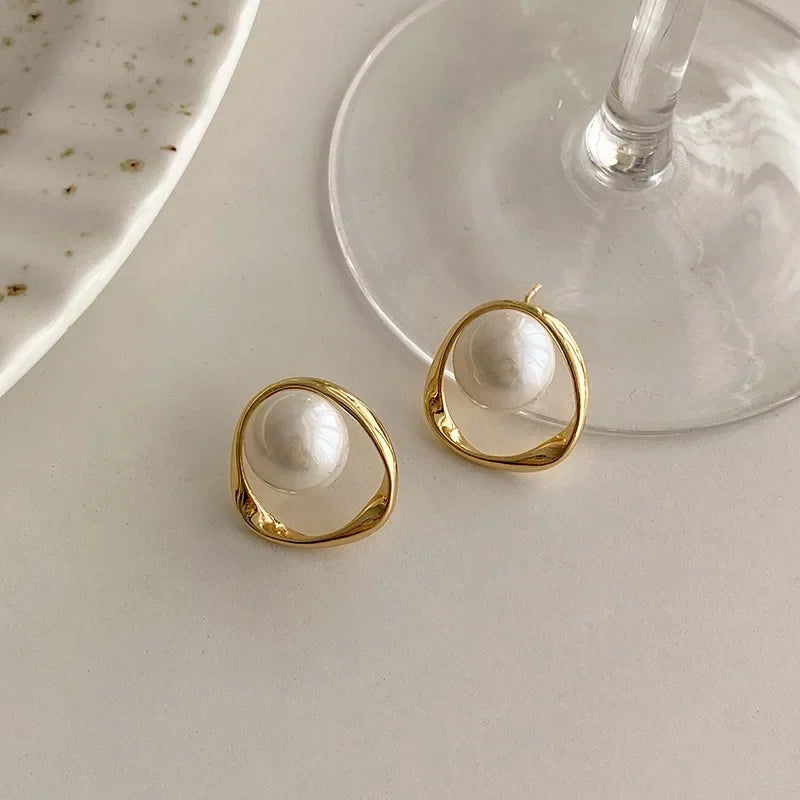 Gold Pearl Stud Earrings Korean Irregular Delicate 2023 - Smarsty