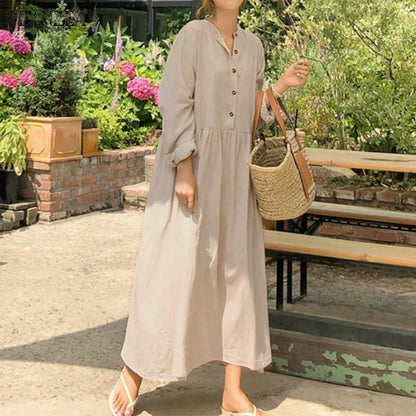 Women's Elegant Solid Cotton Robe Femme 2022 Spring Autumn Bohemian Maxi Dress ZANZEA Casual Long Sleeve Shirt Dresses Oversized - Smarsty