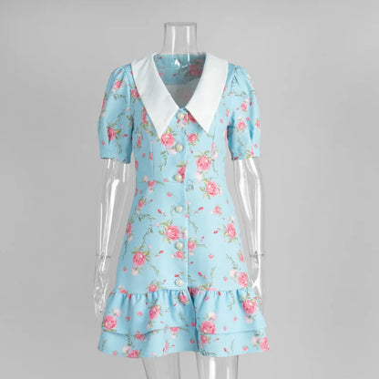 Sweet Floral Printed Ruffle Hem Dress Chic A-line Lapel Puff Sleeve Dresses For Women 2025 Summer Lady Holiday Street Gowns New