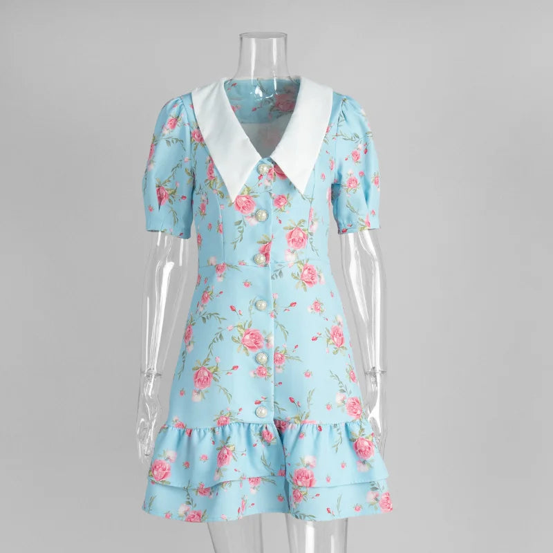 Sweet Floral Printed Ruffle Hem Dress Chic A-line Lapel Puff Sleeve Dresses For Women 2025 Summer Lady Holiday Street Gowns New