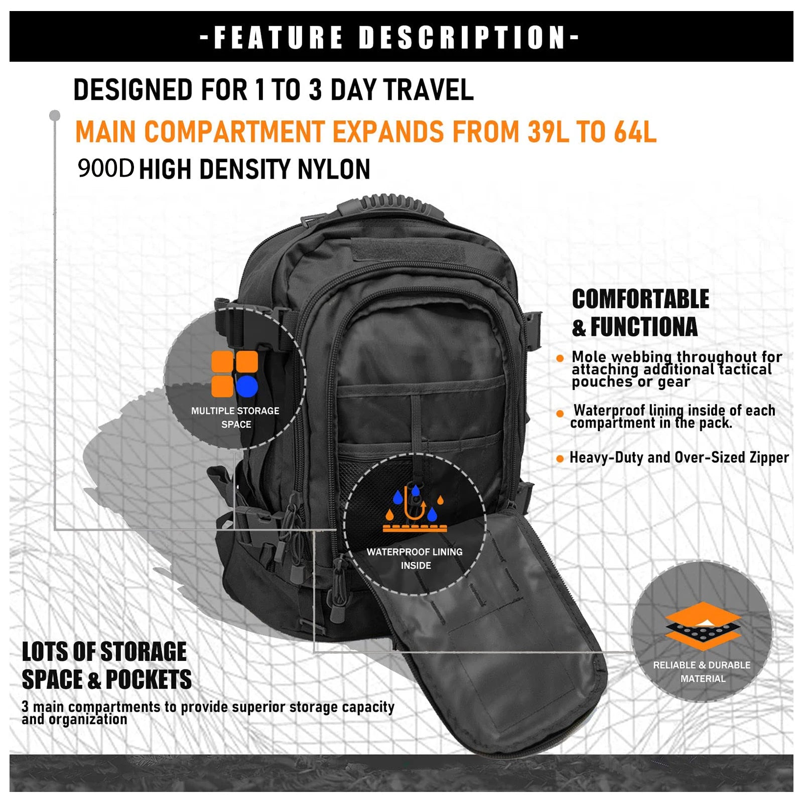Backpack for Men Large Military Backpack Tactical Travel Backpack for Work,Camping,Hunting,Hiking - Smarsty