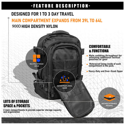 Backpack for Men Large Military Backpack Tactical Travel Backpack for Work,Camping,Hunting,Hiking - Smarsty