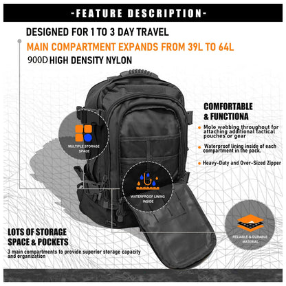 Backpack for Men Large Military Backpack Tactical Travel Backpack for Work,Camping,Hunting,Hiking - Smarsty