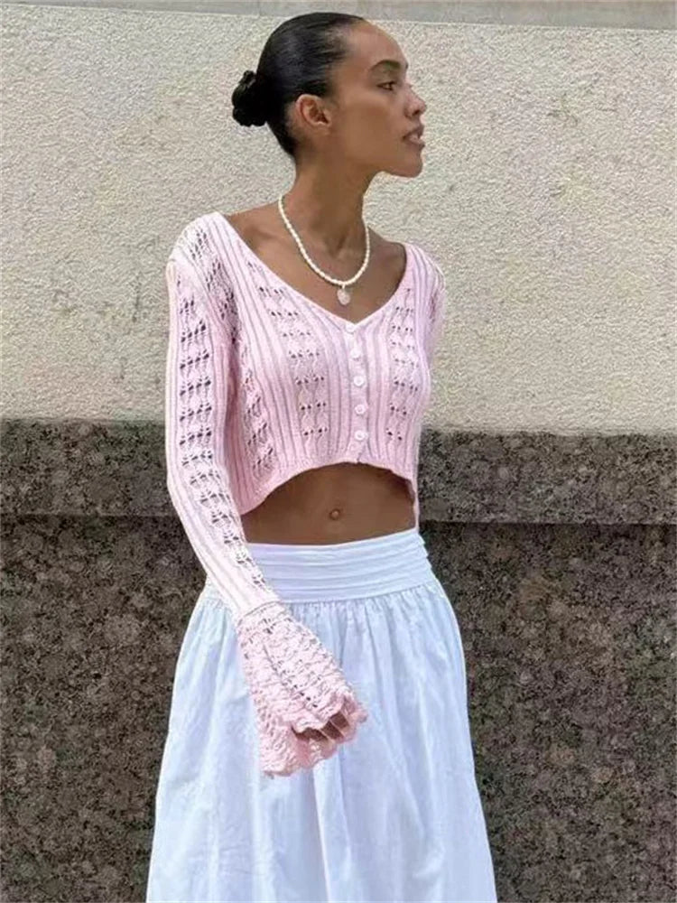 Tossy Knitwear Hollow Out Sweater Cardigan Women V-Neck Long Sleeve See-Through Cropped Top Summer Knit Patchwork Cardigan Top - Smarsty