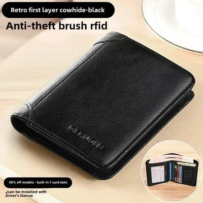 Men Wallet Genuine Leather Rfid Blocking Trifold Wallet Vintage Thin Short Multi Function ID Credit Card Holder Male Purse Money - Smarsty
