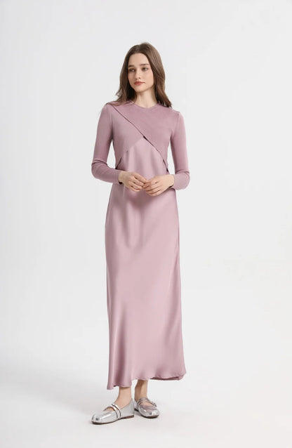 AS 2025 spring summer elegance satin dress + knitted top match set maxi floor length woman clothes