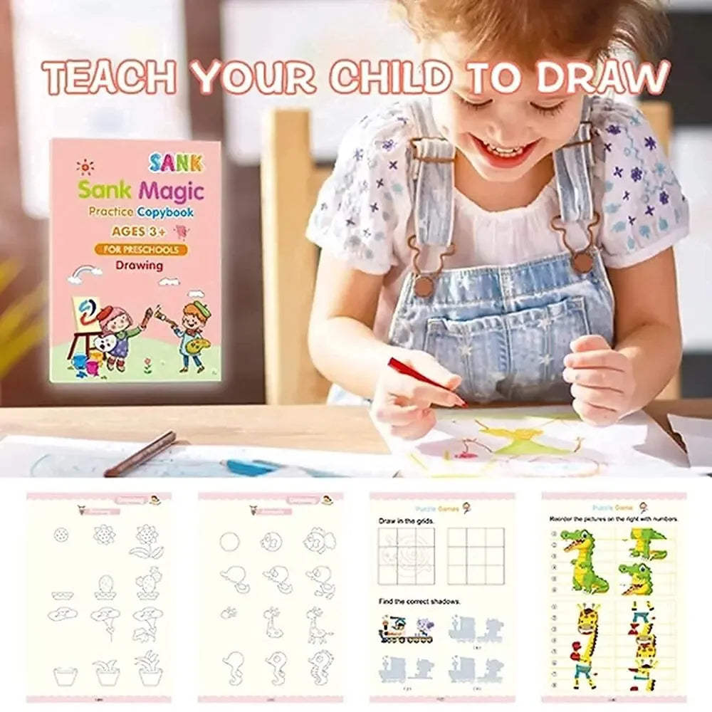 4 Books Pen Magic Writing Book Calligraphy Notebook Montessori Kids Reusable Educational Calligraphic Letter Practice Toy