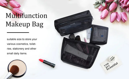1PC Travel Black Mesh Cosmetic Bag Zipper Makeup Bag For Women Wash Toiletry Bag Makeup Organizer Portable Storage Pouch - Smarsty