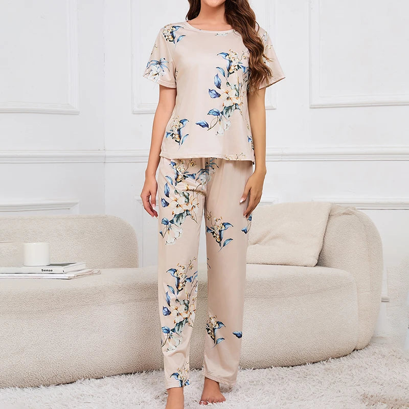 Women's Short Sleeve Crew Neck Top With Shorts And Pants 3 Piece Loungewear Sleepwear Lounge Sets Nighty Print Casual Pajama Set - Smarsty