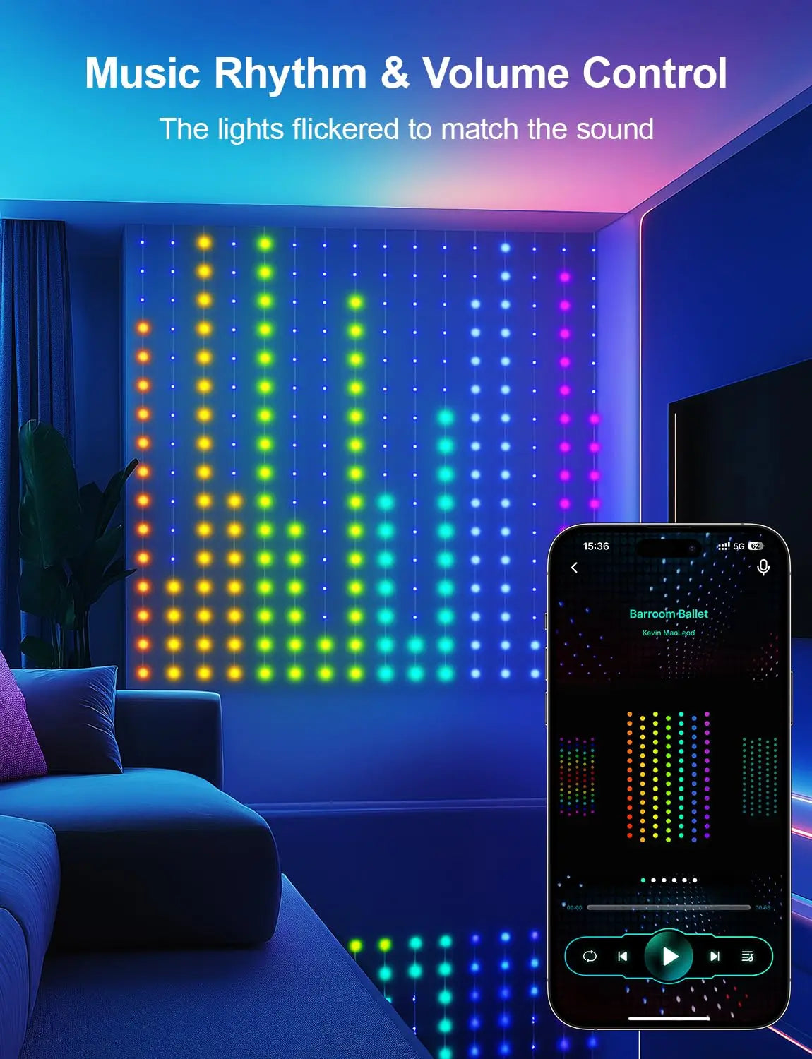 LED Decoration RGB curtain Smart Lights App Controlled String Fairy Lights DIY Pattern and Text Programmable Music Sync Reote
