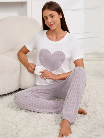 Women's new style pajamas set heart pattern short sleeve shirt trousers two-piece simple and lovely casual home wear - Smarsty