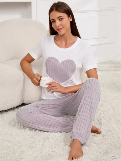 Women's new style pajamas set heart pattern short sleeve shirt trousers two-piece simple and lovely casual home wear - Smarsty