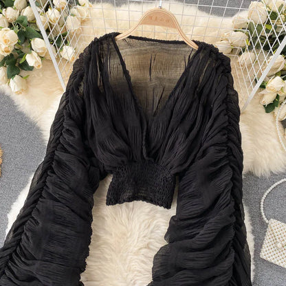 Women Sexy Chiffon Short Blouse Female See Through Super Long Sleeve Blusas Purple/Green/Black/White Folds Party Tops 2022 New - Smarsty