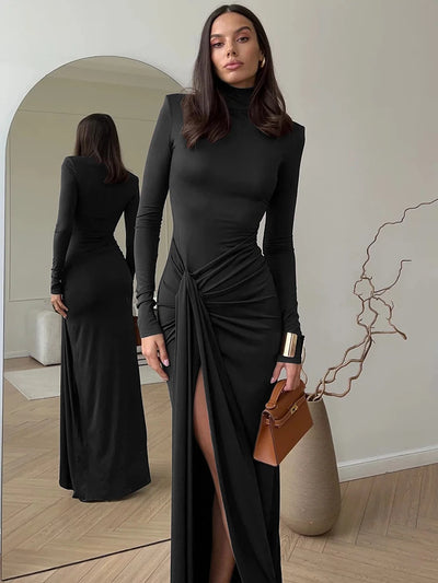 Mozision Turtleneck Thigh High Split Sexy Maxi Dress For Women Fashion Long Sleeve Draped Bandage Bodycon Club Long Dress - Smarsty