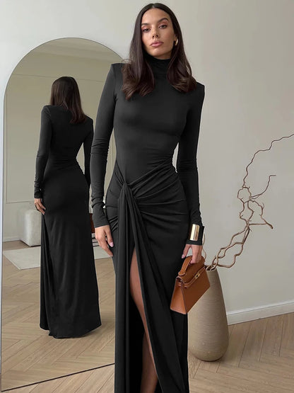 Mozision Turtleneck Thigh High Split Sexy Maxi Dress For Women Fashion Long Sleeve Draped Bandage Bodycon Club Long Dress - Smarsty