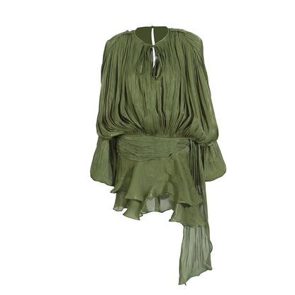 TWOTWINSTYLE Solid Patchwork Lace Up Blouse Mini Dresses For Women V Neck Long Sleeve Sweet Style Dress Female Clothing Fashion