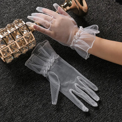 Women Lace Tulle Gloves Stretchy Full Finger Wedding Gloves - Smarsty