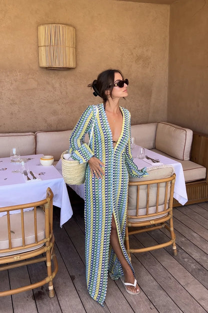 Crochet Colorful Stripe Maxi Dress Women Flare Sleeve V-neck High Split Sexy Long Dresses 2025 New Autumn Beach Banquet Vestidos - Smarsty