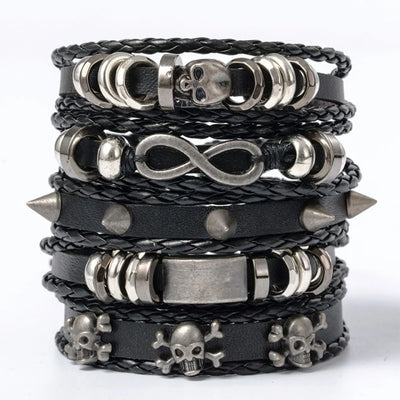 6pcs Black Punk Skull Leather Bracelets Set - Smarsty