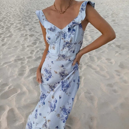 Summer Flower Printed Women's Sexy Low-cut Dress Sleeveless Backless Slim Sling Dresses 2025 Beach Vacation Lady Vestidos - Smarsty
