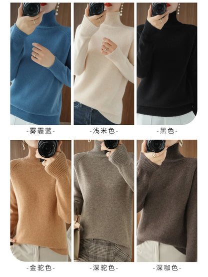 Fashion Basic Autumn Winter  Merino Wool Sweater Mock Neck Cashmere Pullover  Solid Color Soft Long Sleeve Clothing Tops - Smarsty