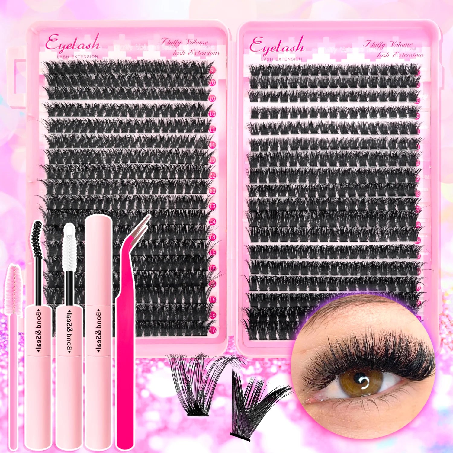 720/200pcs eyelash Extension Kit Fluffy Eyelash Extension kit with Lash Bond and Seal Lash Tweezers Thick Lash Clusters Wispy - Smarsty