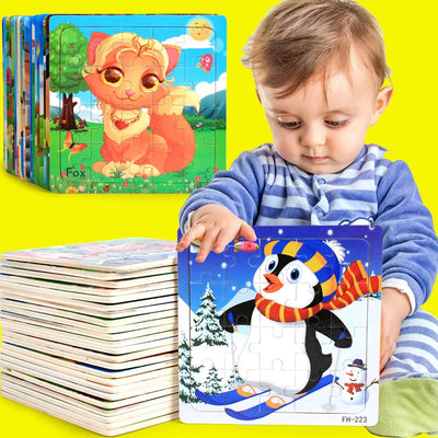 New 20 Piece Wooden 3d Puzzle Cartoon Animal Vehicle Jigsaw Puzzle Montessori Educational Toys For Kids Baby 1 2 3 Years by Smarsty