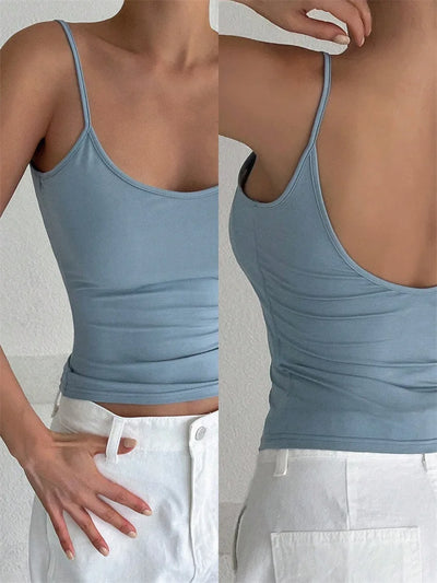 Women Backless Cami Crop Top Summer Solid Color Casual Sleeveless Top Streetwear Y2K Clothes - Smarsty