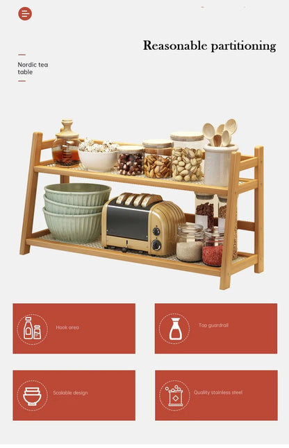 2 Layer Spice Caddy Shelf Bamboo Kitchen Storage Rack Desktop Cabinet Organizer Display Rack Coffee Bar Counter Shelf Cup Holder
