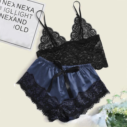 Pajama Sets Sexy Pajamas for Women 2 Pieces Top Shorts Set Sleepwear Clothes Lace Pajamas Underwear Lingerie - Smarsty