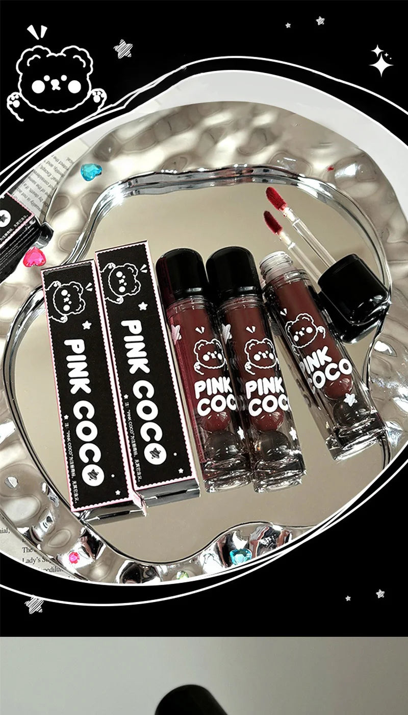 Pinkcoco Bear Doodle Mirror Lip Glaze Long Lasting Shine - Smarsty