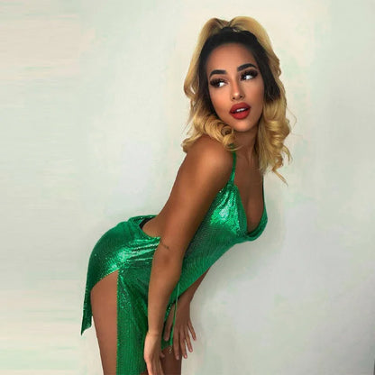 Sexy and Fashionable Women's Elegant Short Dress with Hanging Neck Backless Bottom Chest Sequin Party Girl Dance Dress - Smarsty