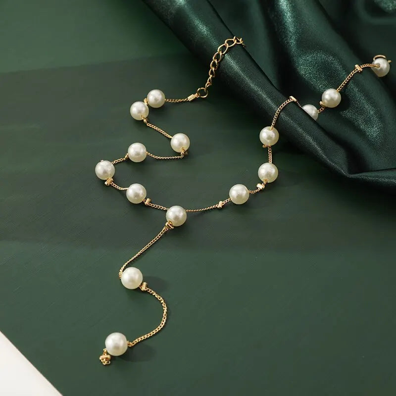 Gold Tone Necklace Earrings Bracelet Set With Tassel Pearls - Smarsty