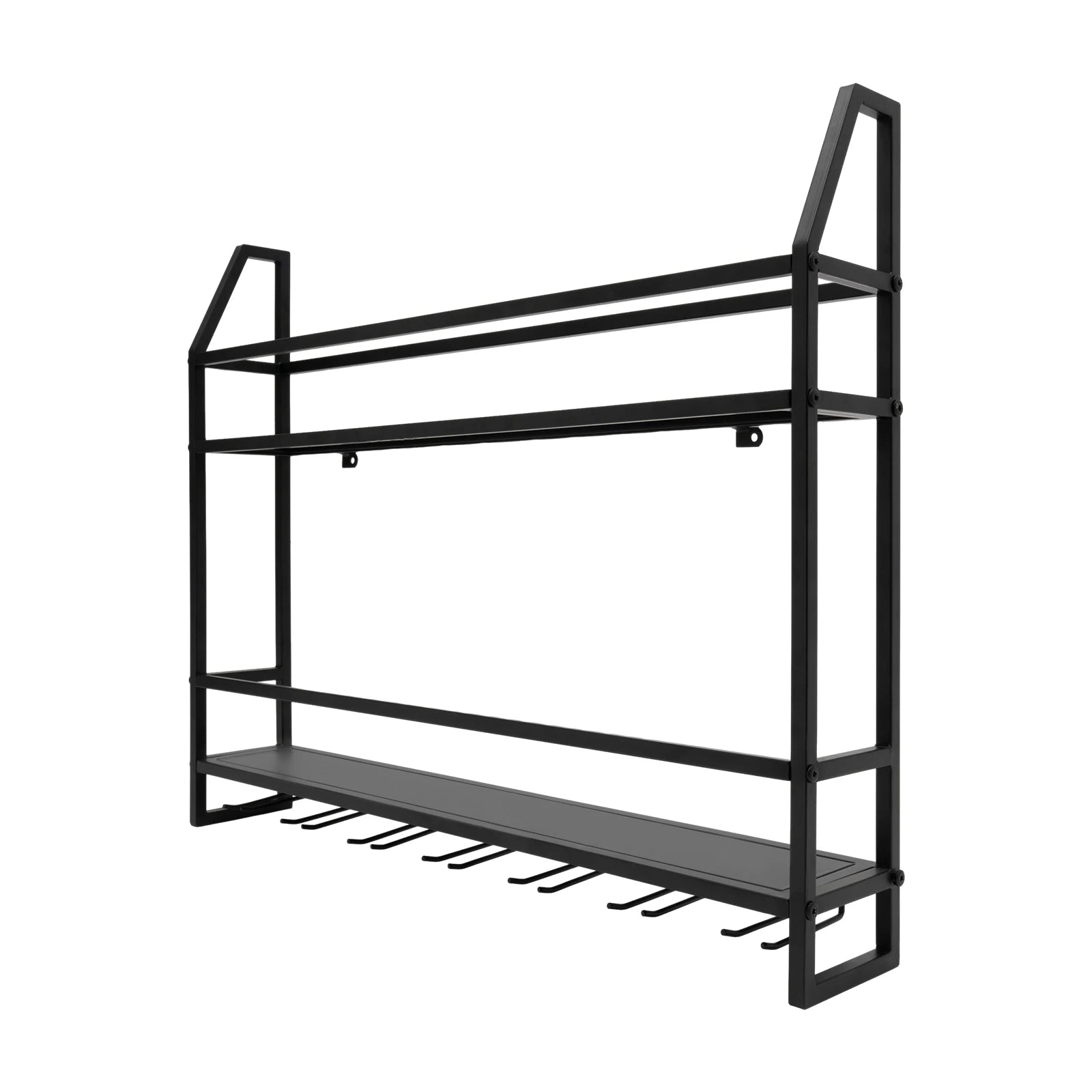 Wall Mounted Wine Rack Glass Holder 12 Bottles 7 Goblet Metal Shelf 2 Layer for Home Bar, 80cm Black - Smarsty