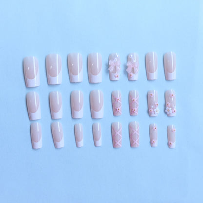 24pcs Summer Pink White Bow Design Fake Nails - Smarsty