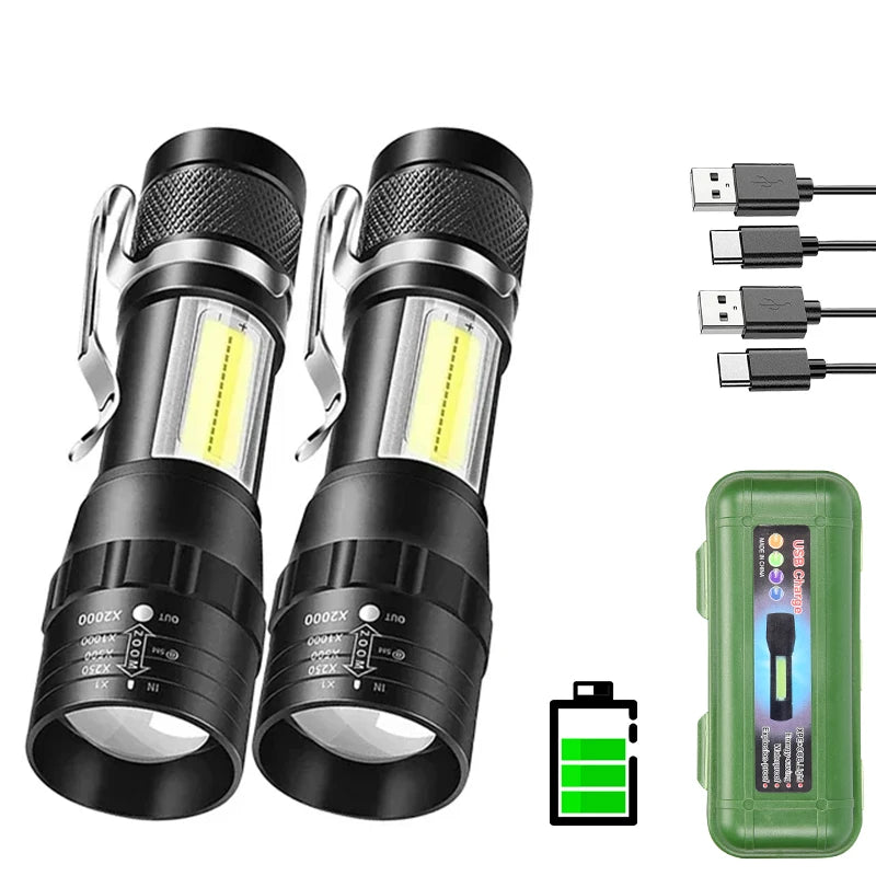 Portable Rechargeable LED Flashlight with Pen Clip Zoomable Waterproof Torch with Side Light Outdoor Camping Emergency Lantern - Smarsty